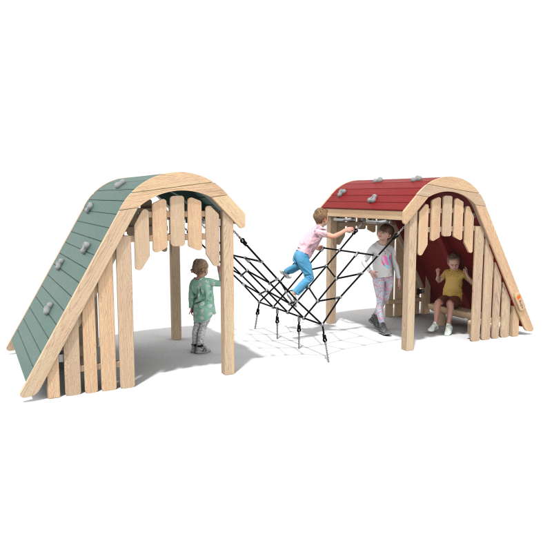 Domčeky prepojené lezeckou sieťou